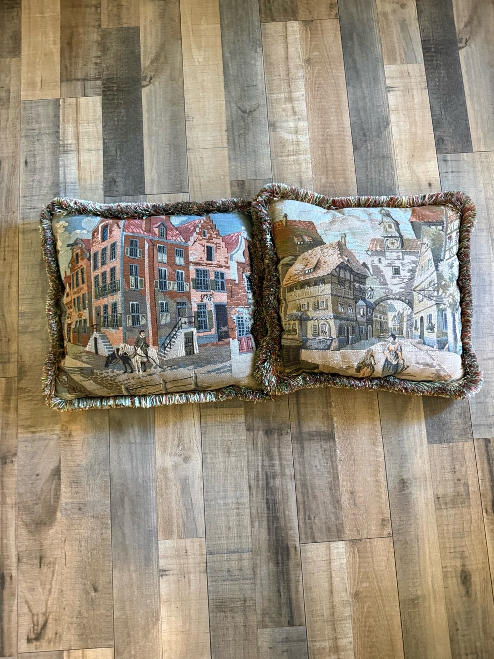 Vintage European Village Tapestry Throw Pillows - Set of 2